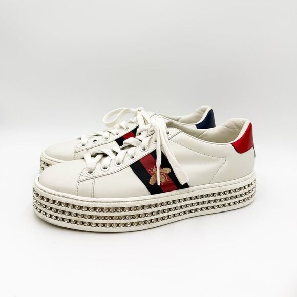 Gucci Ace Web Stripe Crystal Platform White Leather Bee Sneakers Size 37.5, 7.5 - Picture 3 of 15
